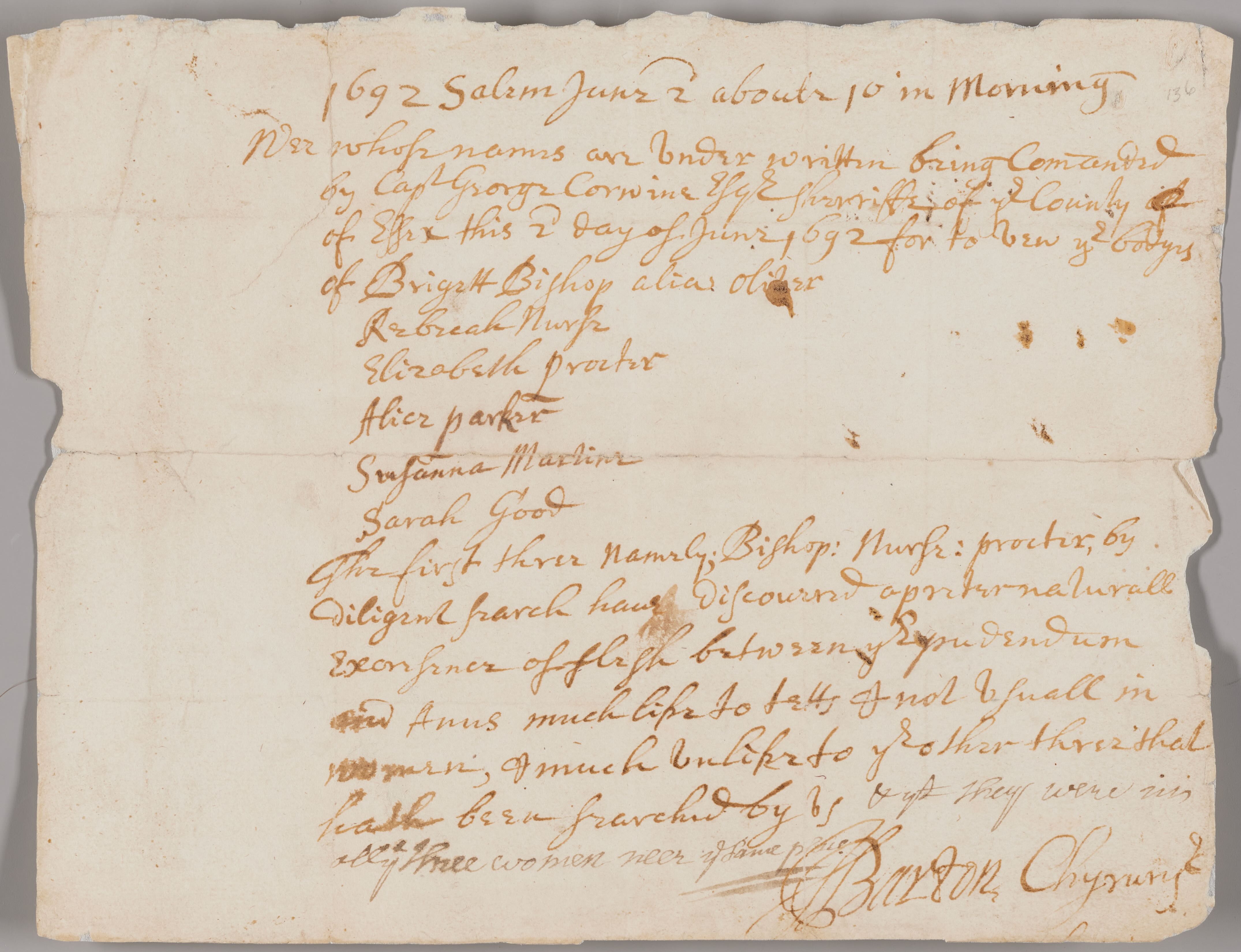 Physical examinations no. 1 and no. 2 of Bridget Bishop, Rebecca Nurse, Elizabeth Proctor, Alice Parker, Susanna Martin, and Sarah Good