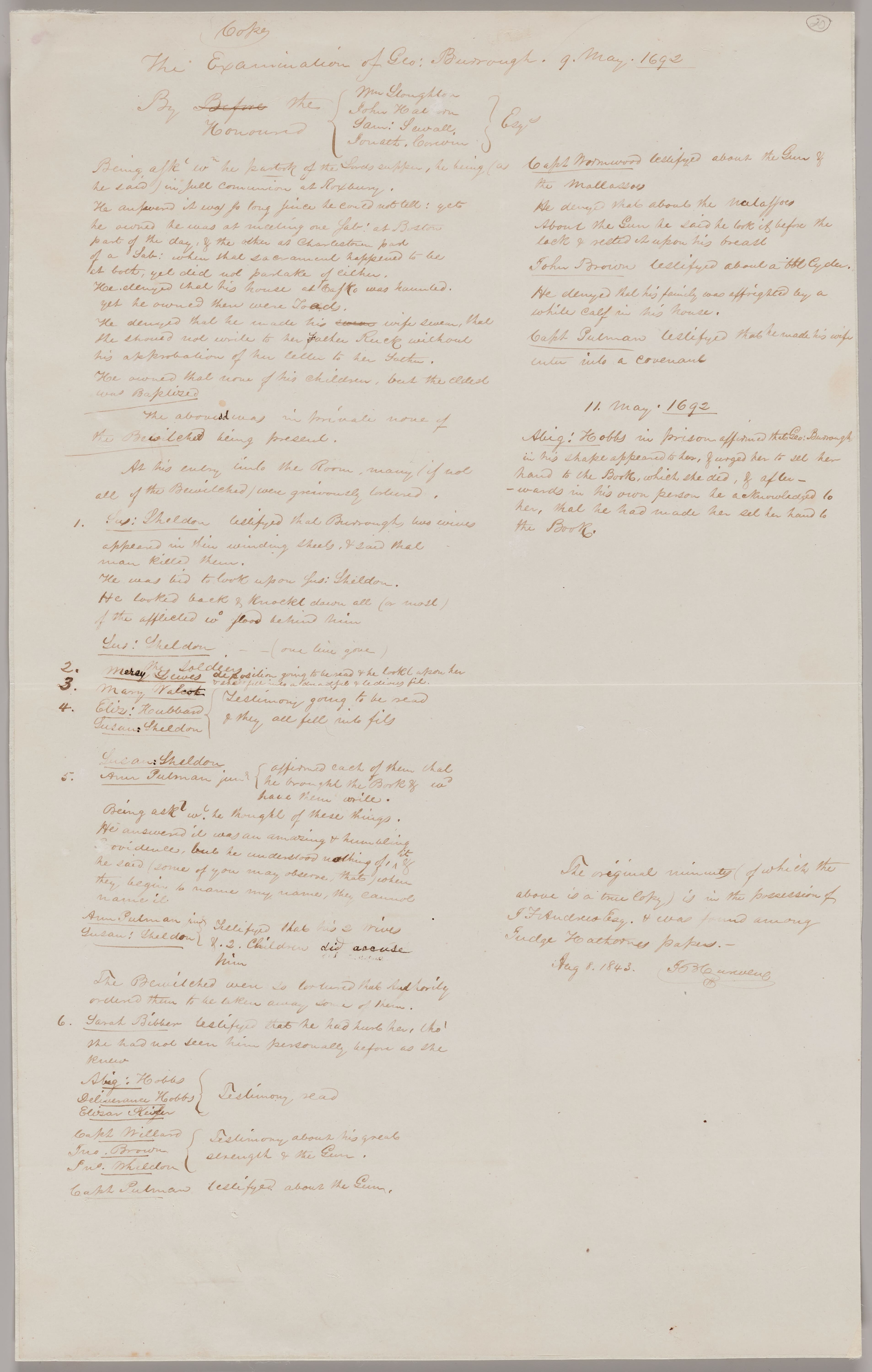 Examination of George Burroughs and statement of Abigail Hobbs v. George Burroughs