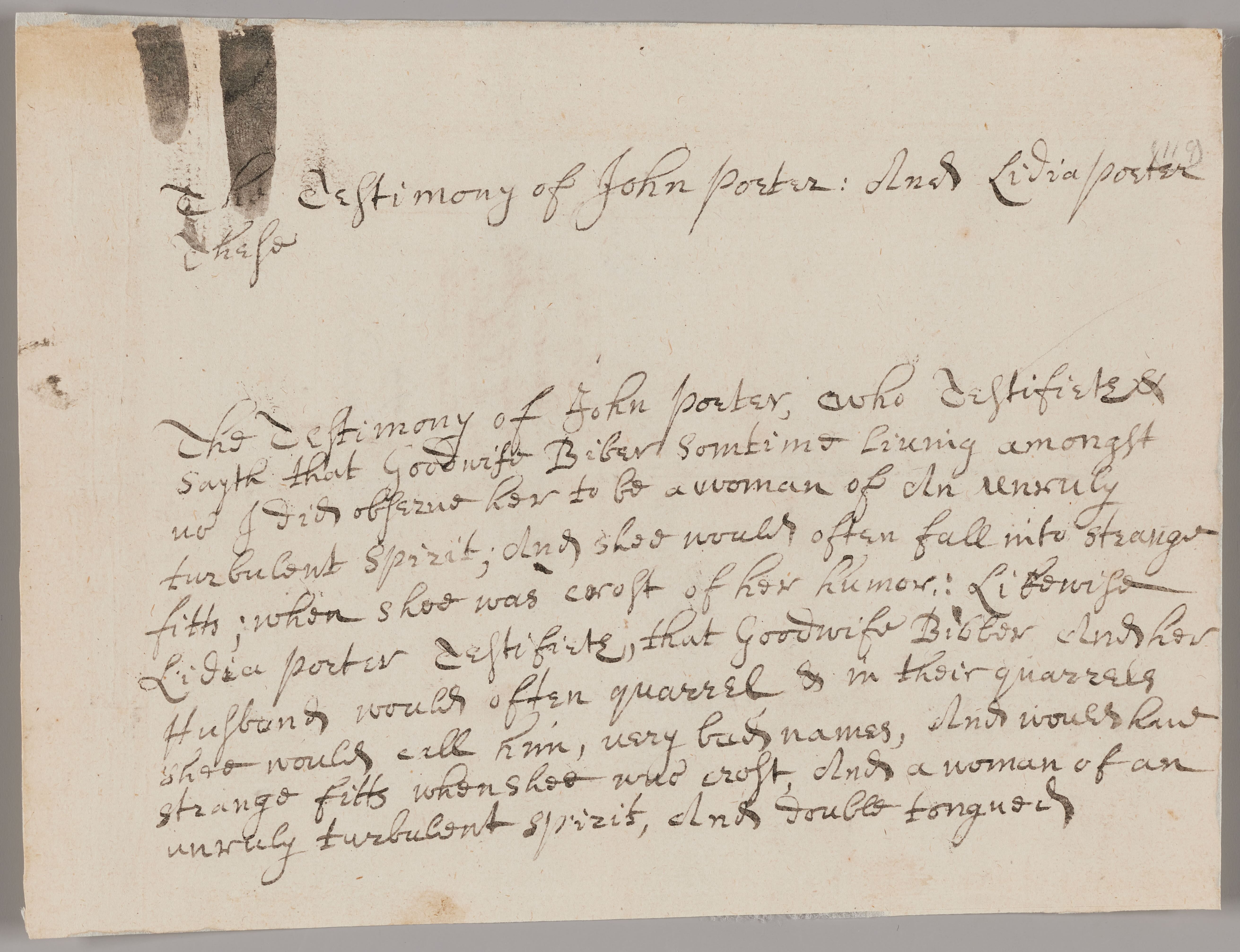 Testimony of John Porter and Lydia Porter regarding Sarah Bibber, in support of Rebecca Nurse