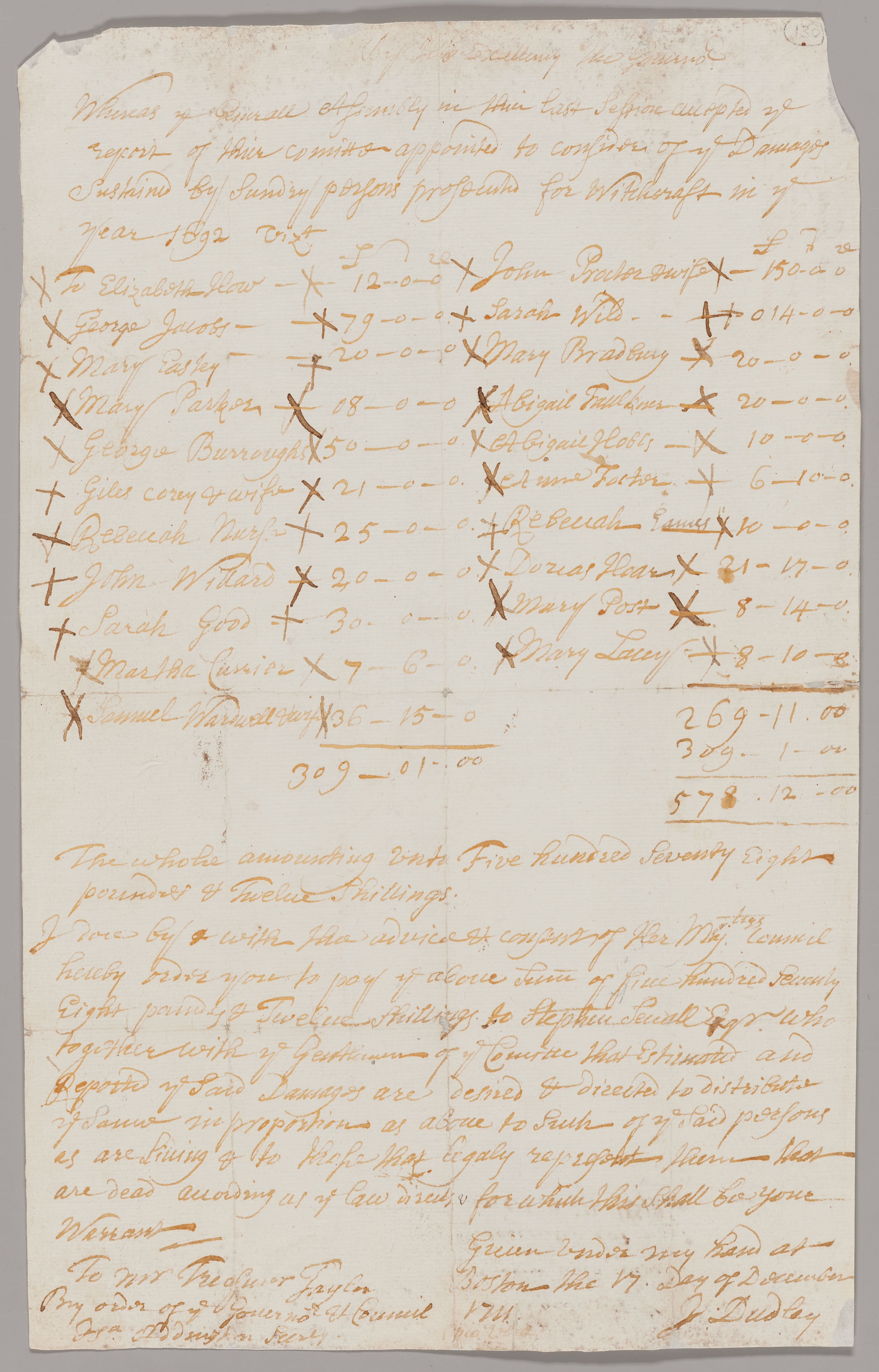 Order for Payment of Damages by Governor Joseph Dudley