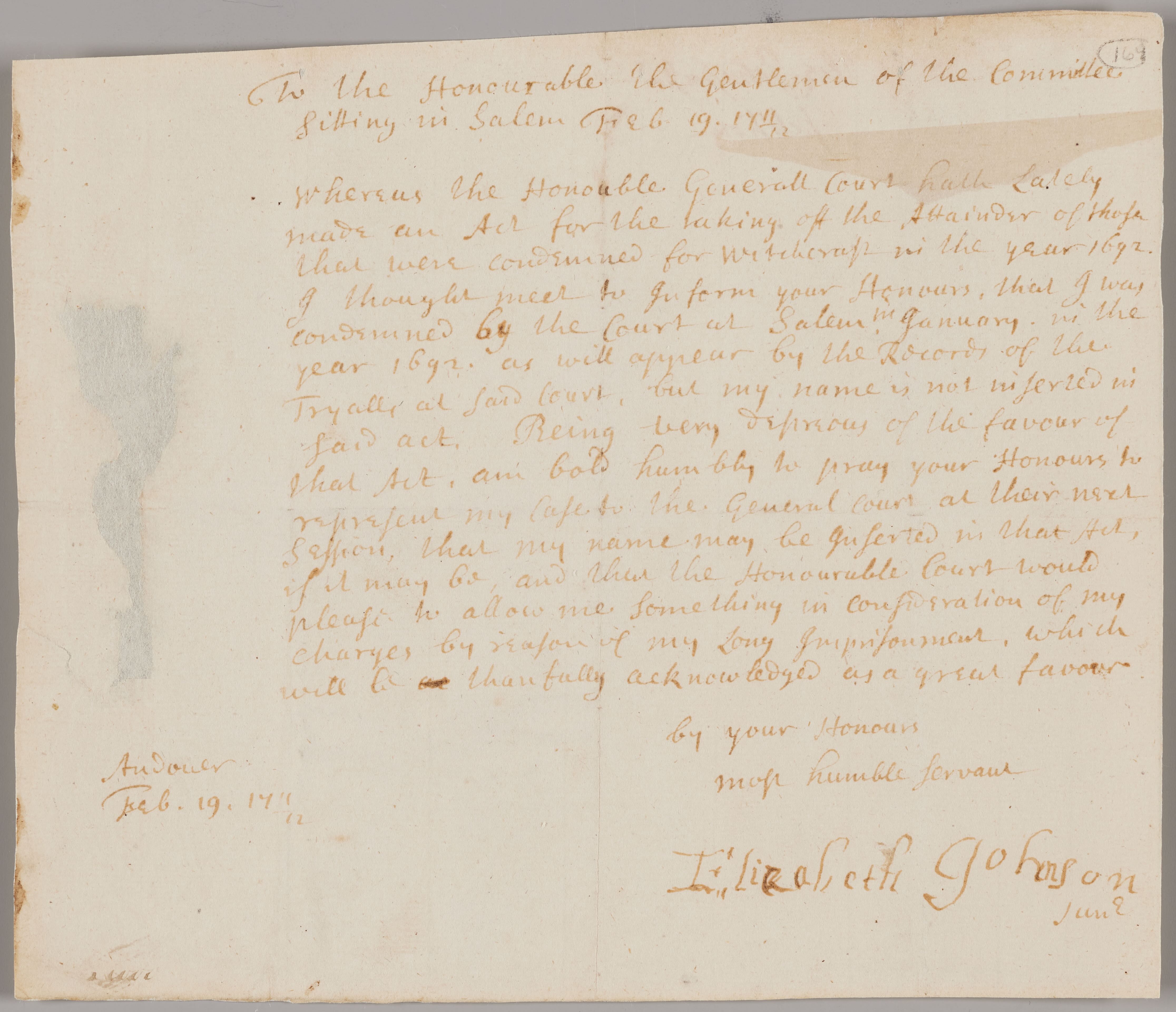 Petition of Elizabeth Johnson Jr. for reversing attainder and for restitution