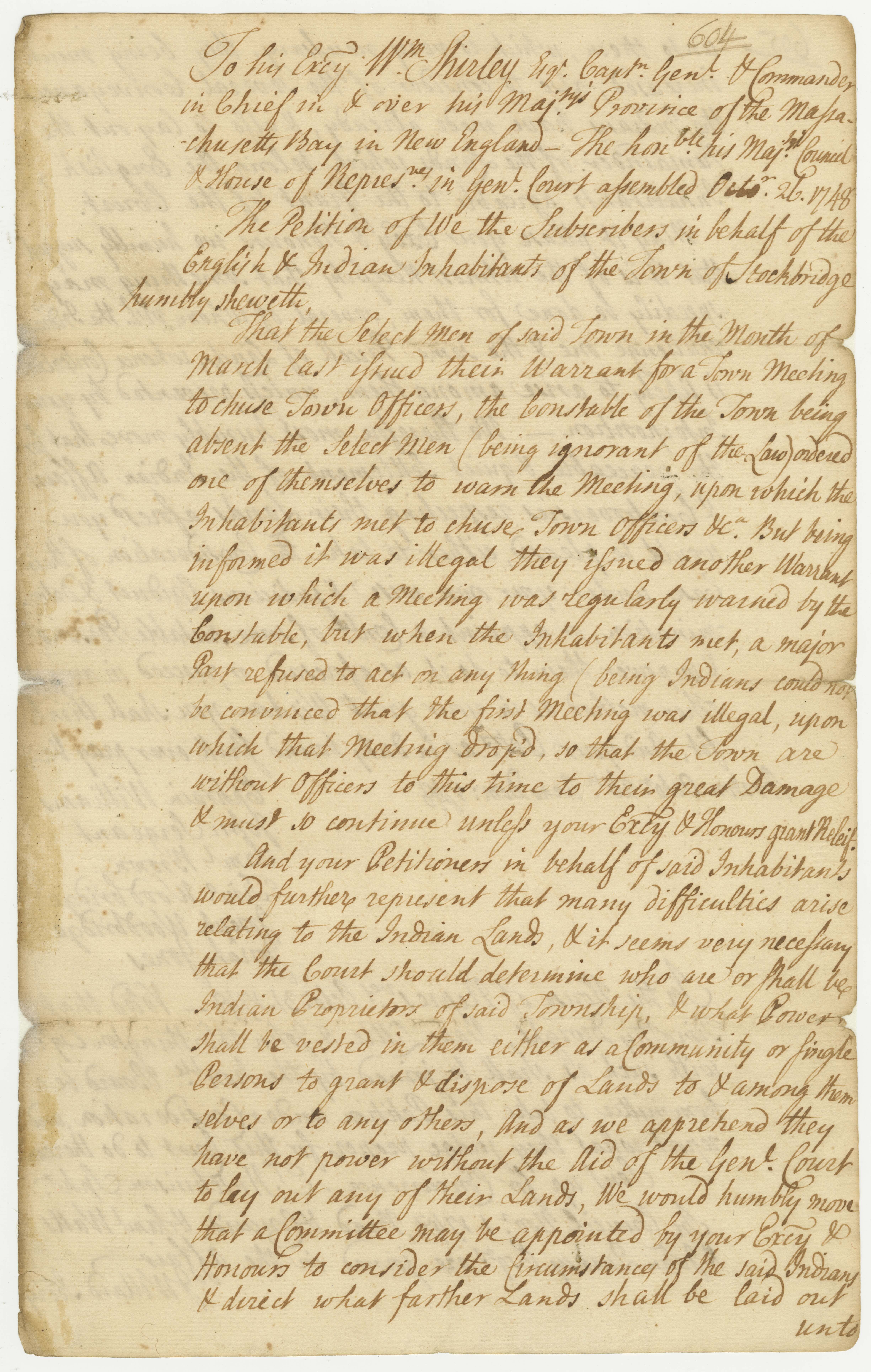 Copy of a petition to Gov. Shirley and the general court from Ephraim Williams and others on behalf of the English and Indian inhabitants of Stockbridge