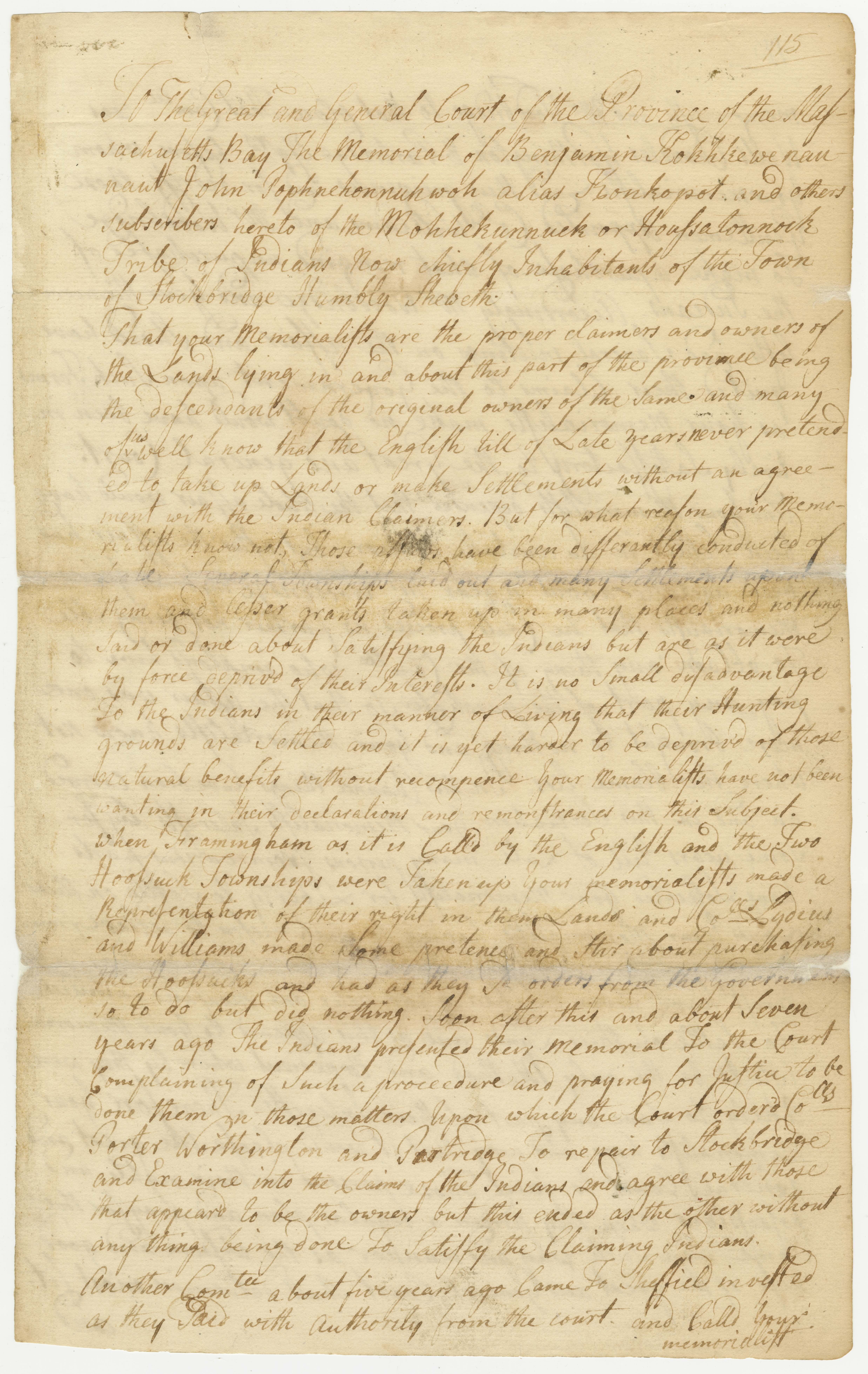 Petition to the general court from John Kaukewenohnaunt and other Stockbridge Indians asking for compensation for lands settled by families from various towns