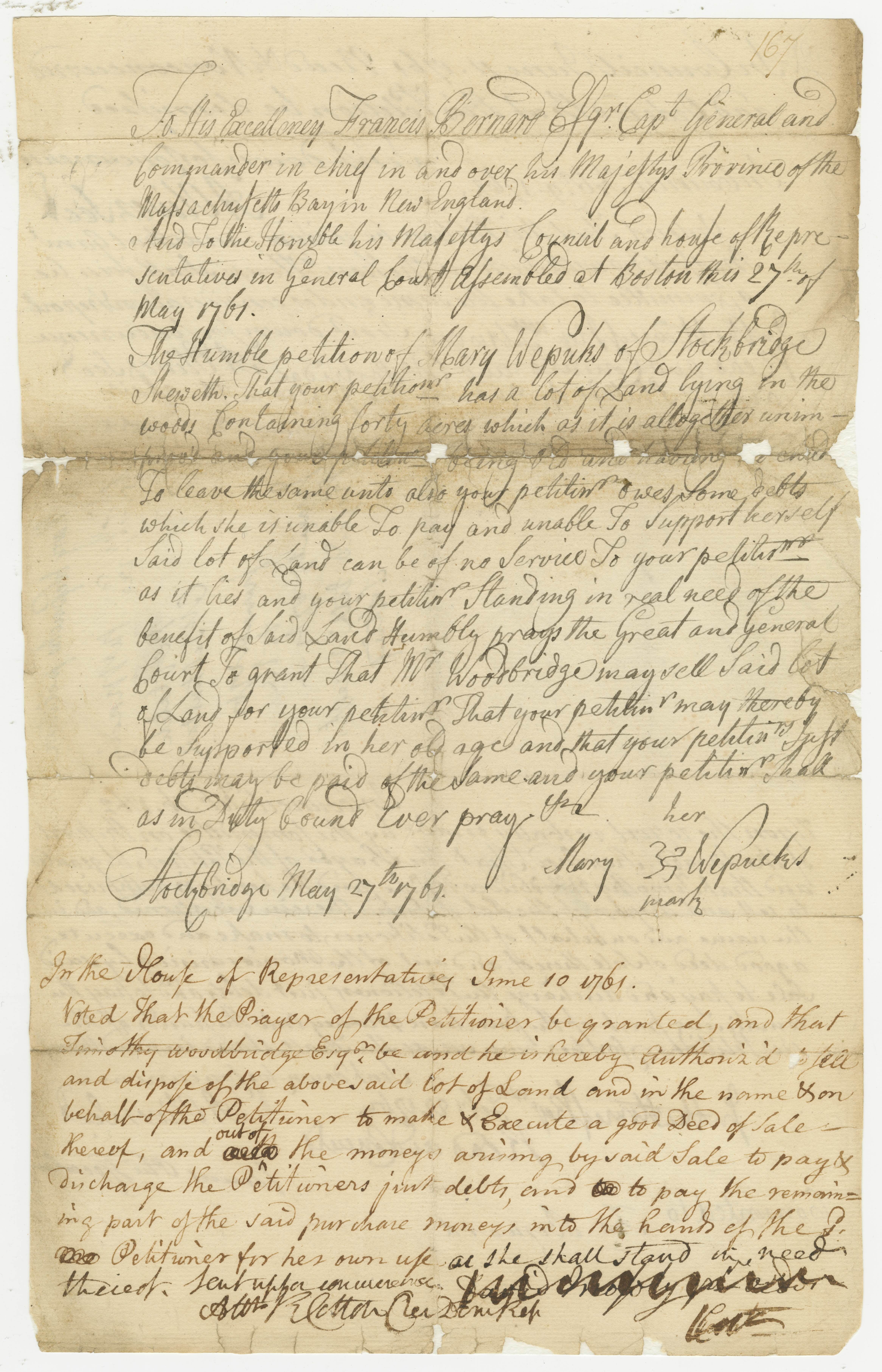 Petition to Gov. Bernard and the general court from Mary Weebucks, a Stockbridge Indian, asking permission to sell a certain tract of land in order to support herself and pay her debts