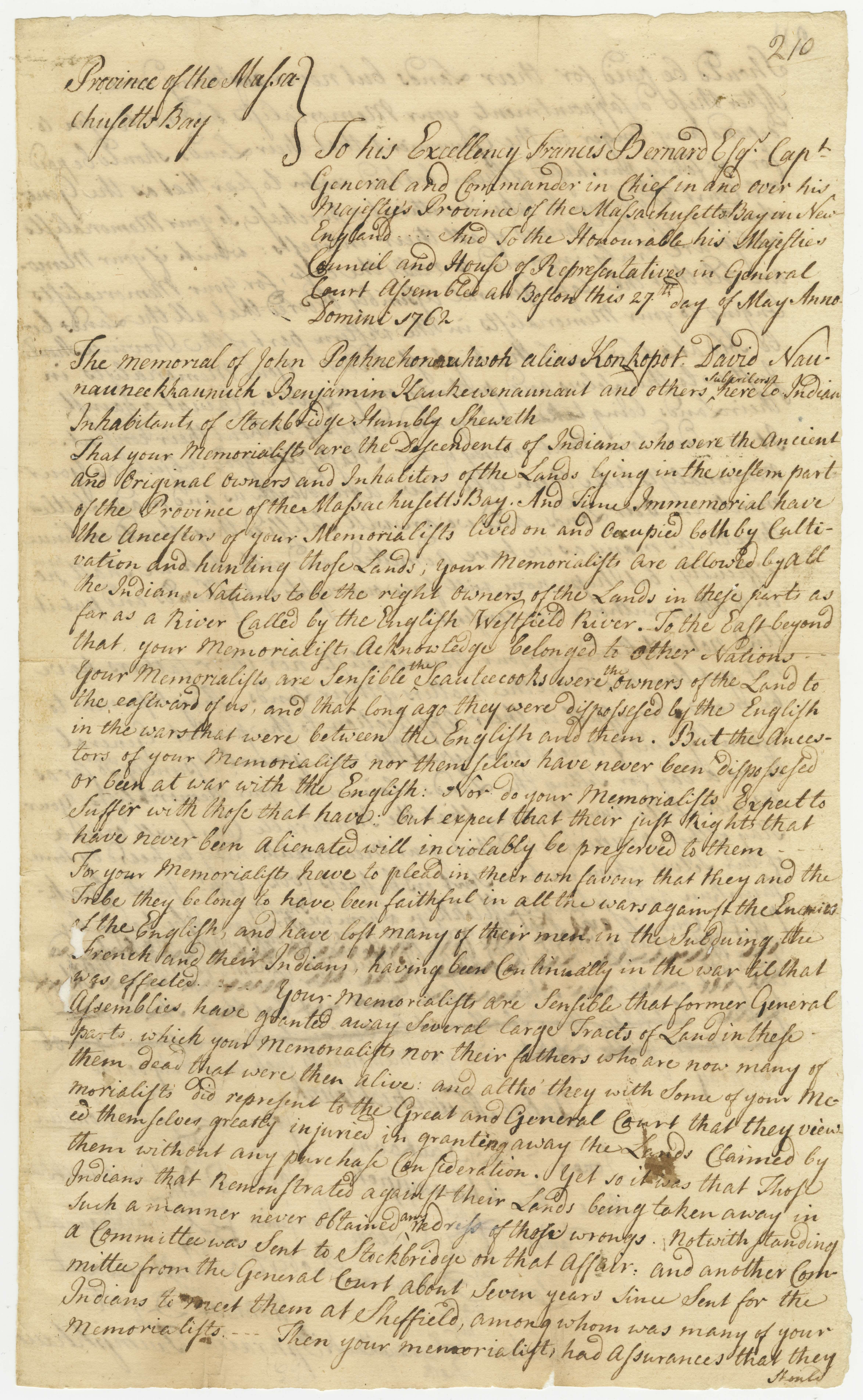 Petition to Gov. Bernard and the general court from a group of Stockbridge Indians protesting the sale of their lands and requesting a hearing