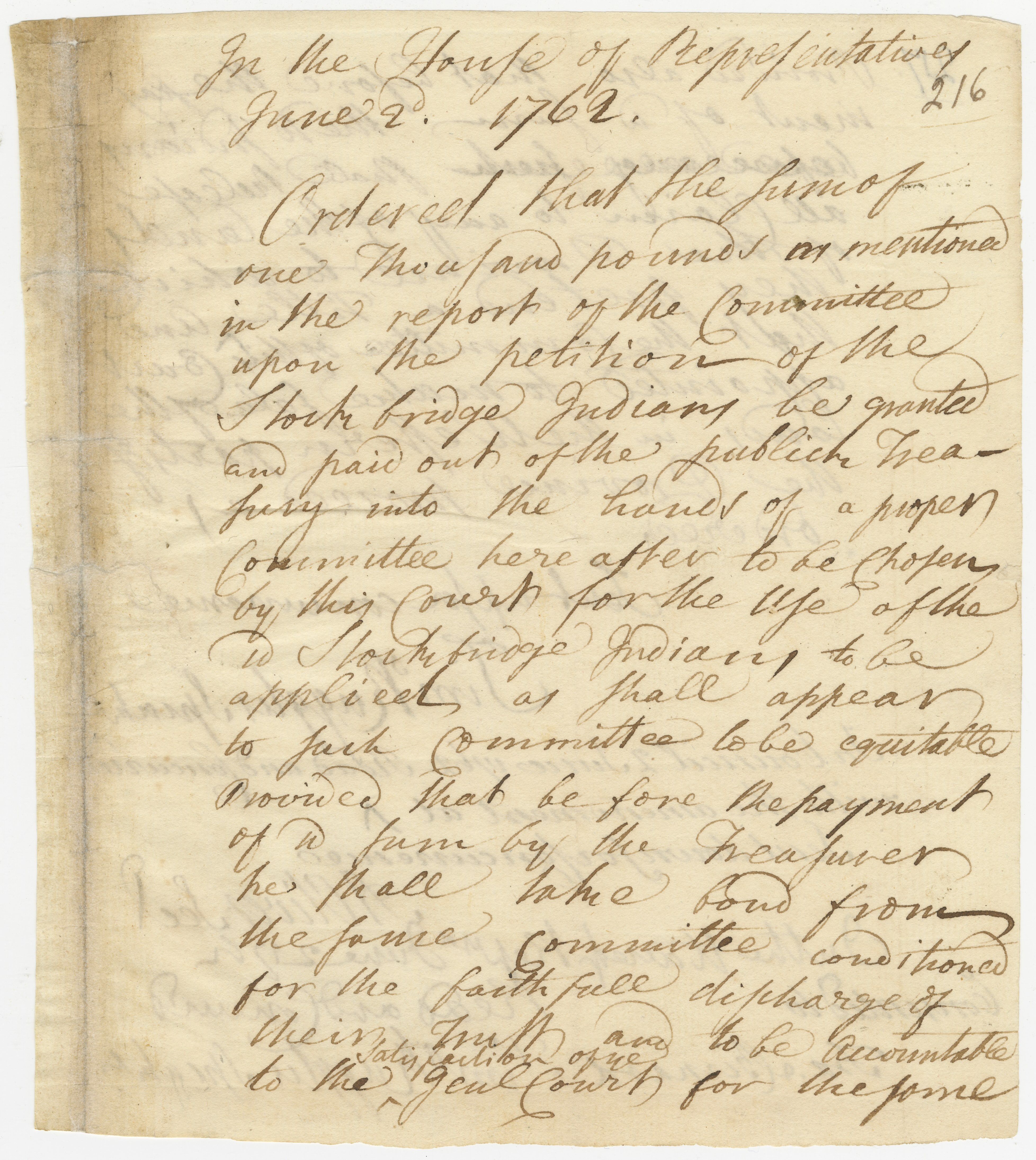 General court order authorizing the sum of one thousand pounds to be paid to the Stockbridge Indians regarding their land claims, also stipulating that the Indians had to relinquish all claims to the land