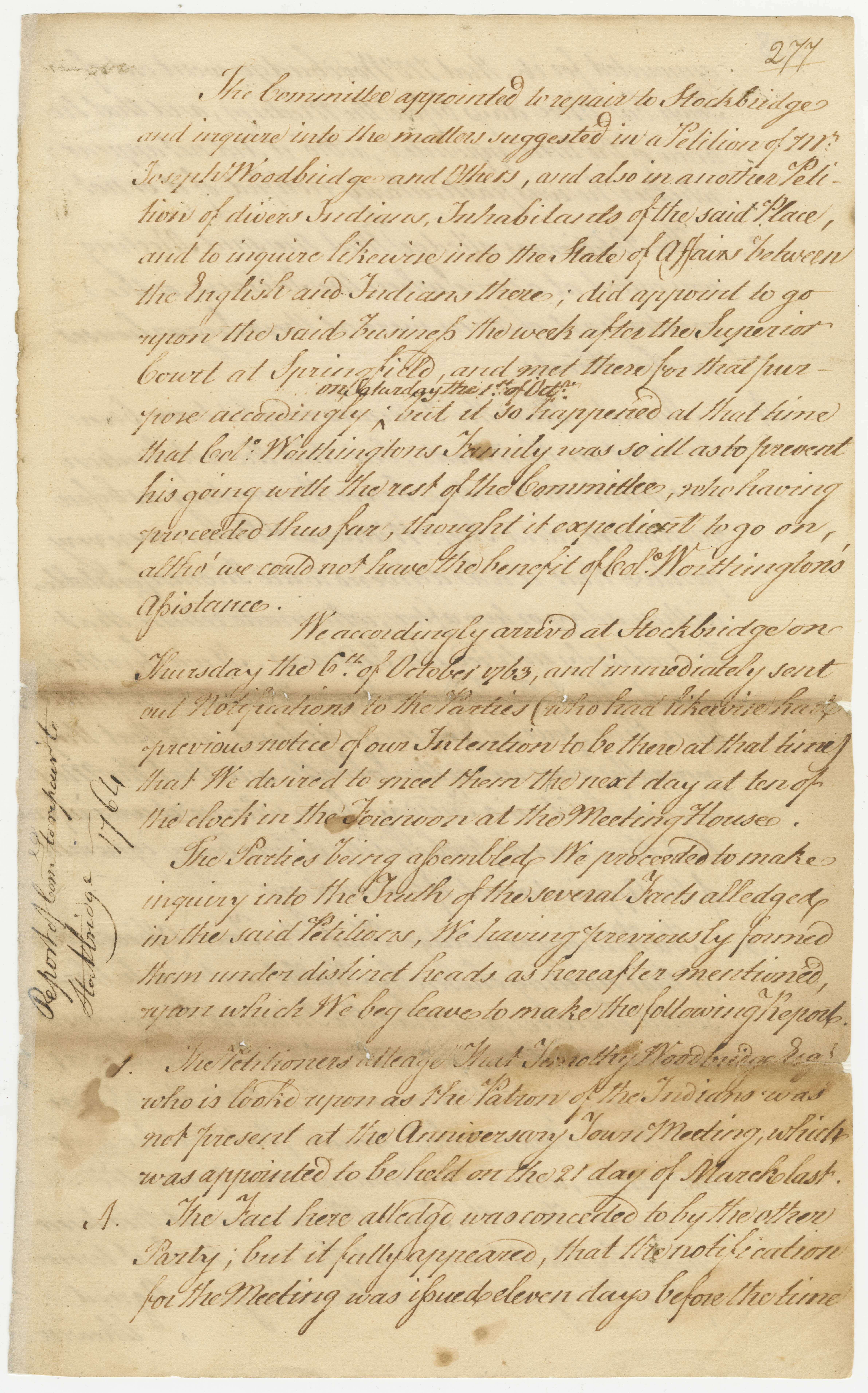 Report of the general court committee appointed to travel to Stockbridge to examine conflicts between the English and Indian inhabitants