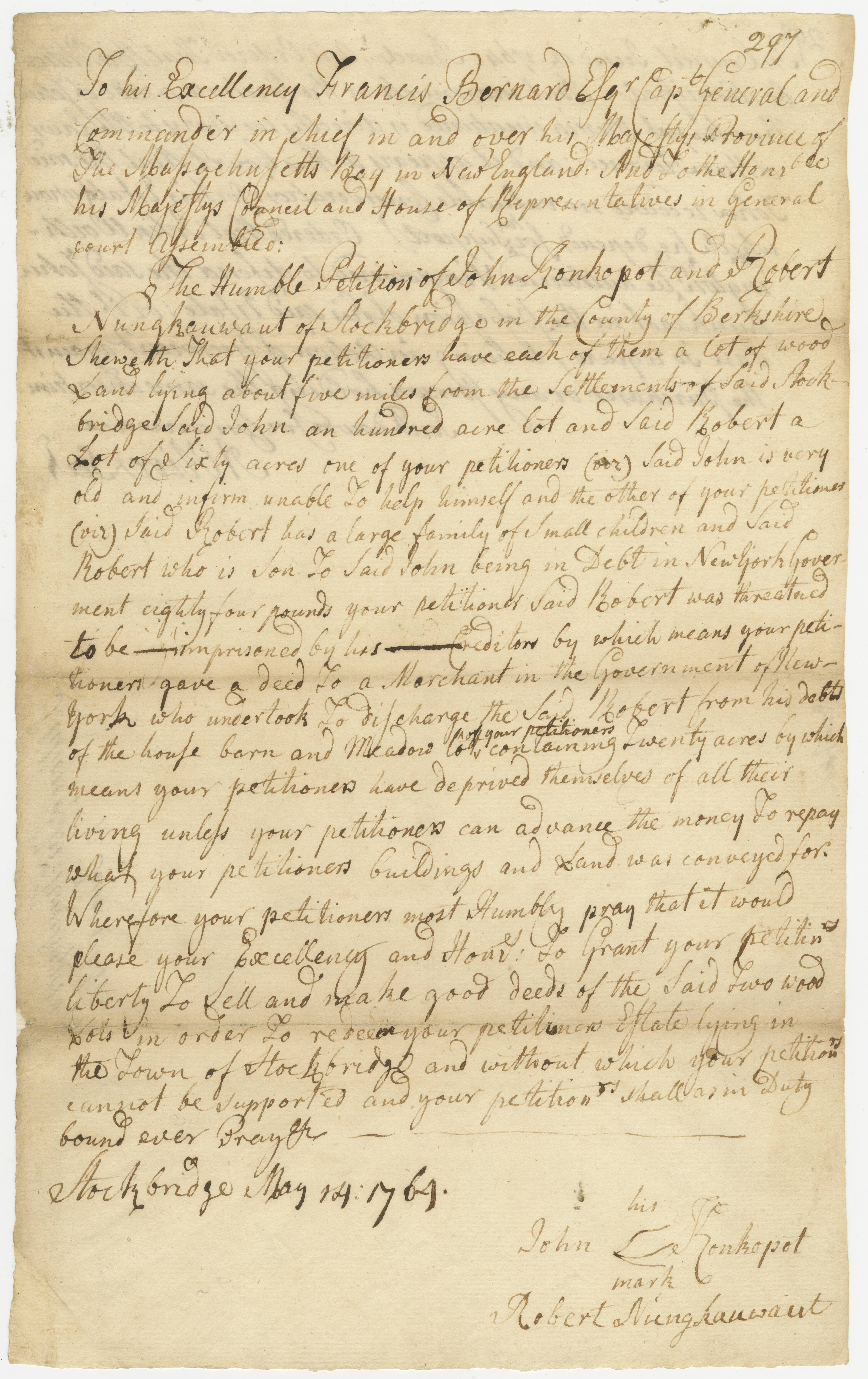 Petition to Gov. Bernard and the general court from Joseph Woodbridge and Josiah Jones, Jr. of Stockbridge (MA) stating they supplied Indians with provisions for which they now cannot pay for except in land