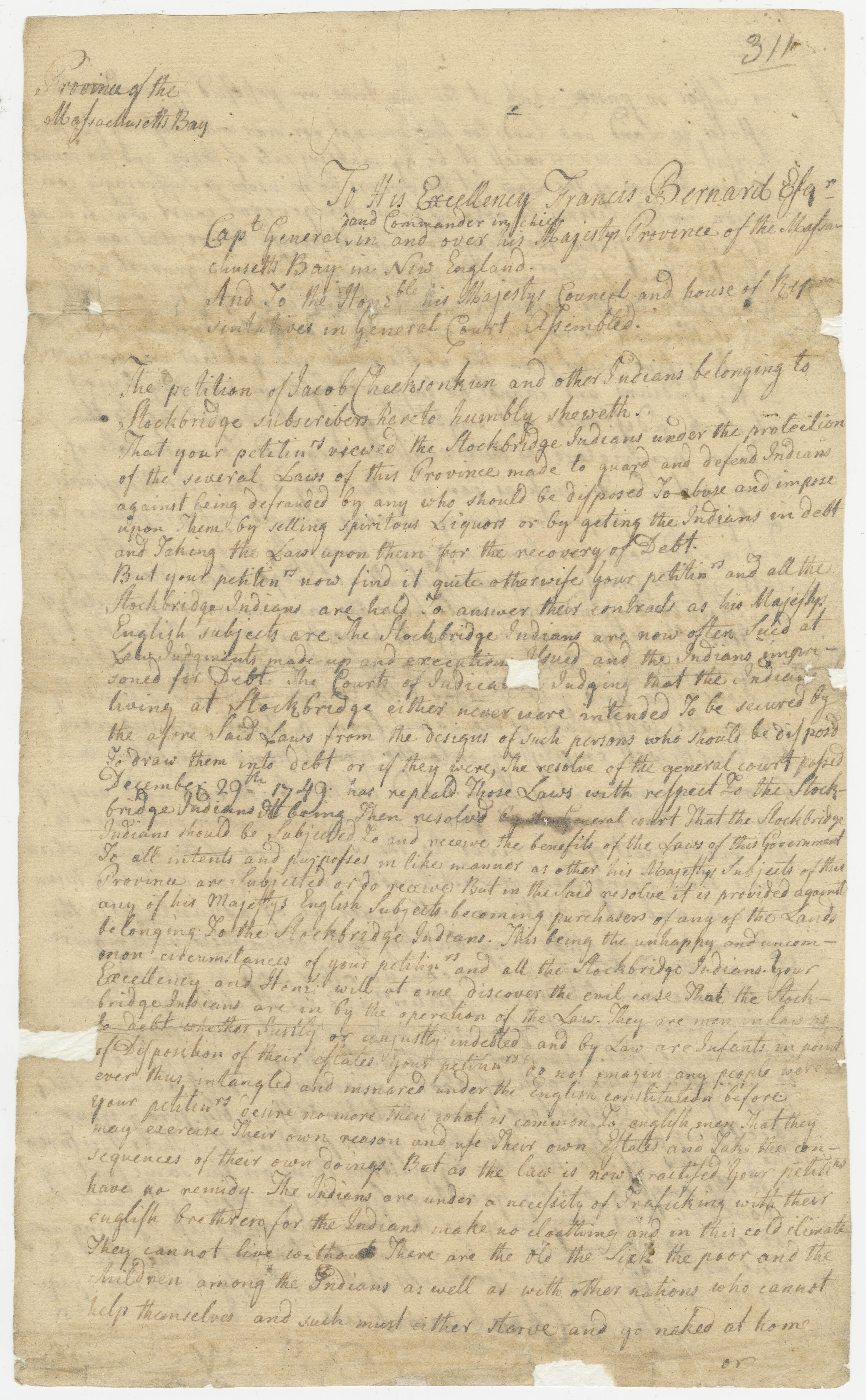Petition to Gov. Bernard and the general court from John Konkapot and his son Robert Nungkauwawt (Konkapot) asking permission to sell a tract of land in Stockbridge (MA) in order to pay Robert’s creditors