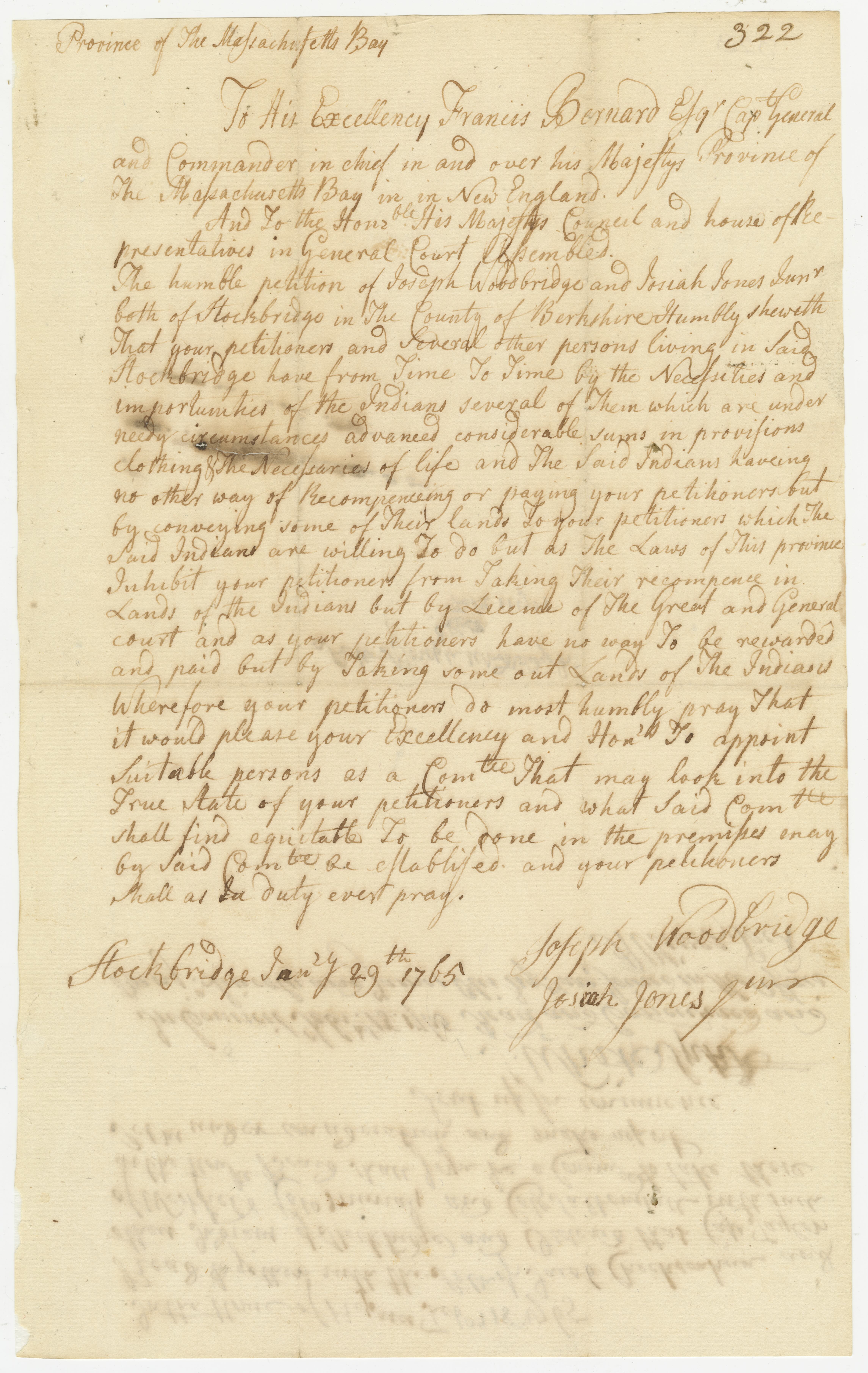 Petition to Gov. Bernard and the general court from Jacob Cheeksonkun and other Stockbridge Indians asking to have the same legal privileges as the English in order to sell their outlands to pay their debts