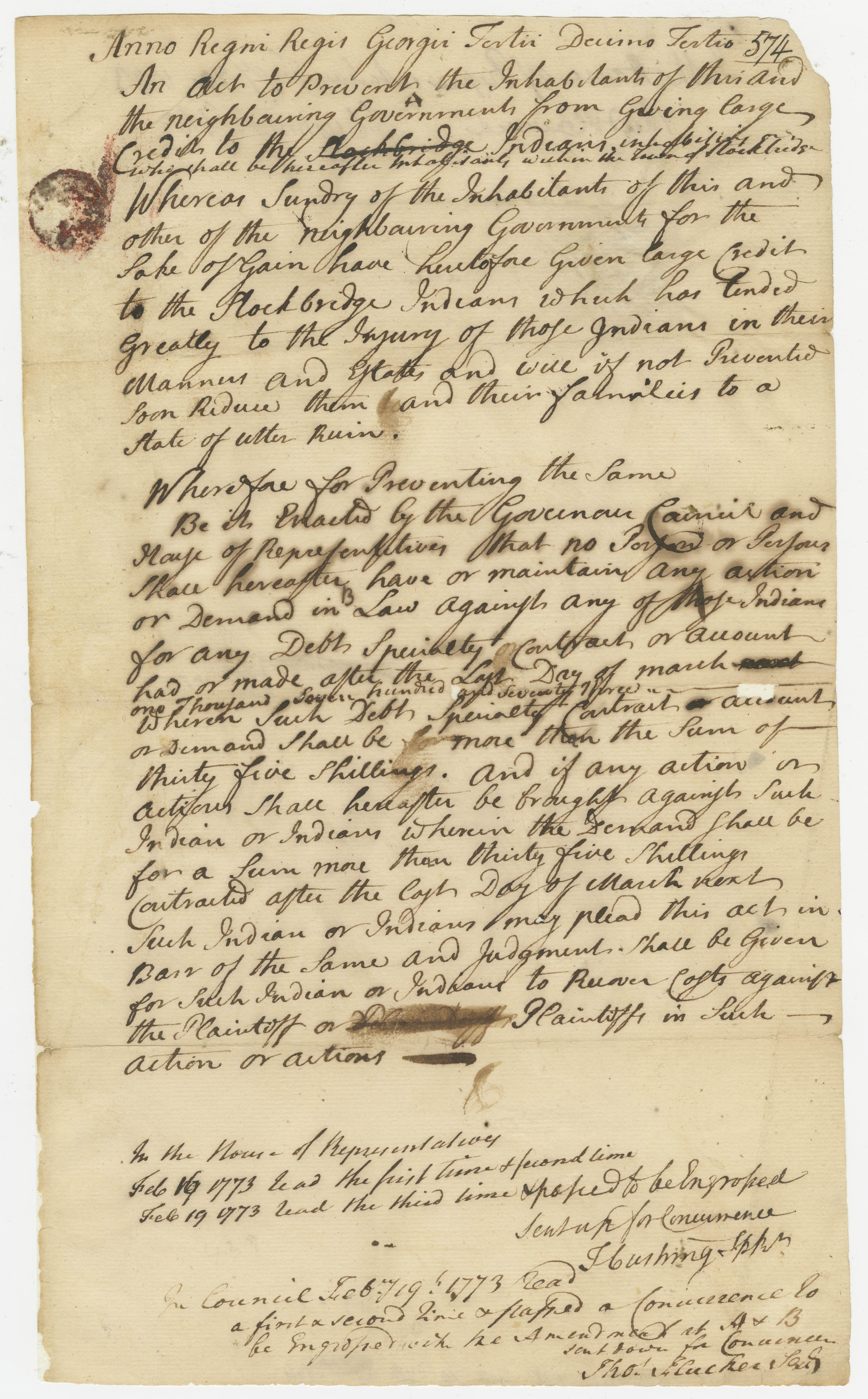 General court bill, as amended, prohibiting the extension of large amounts of credit to the Stockbridge Indians