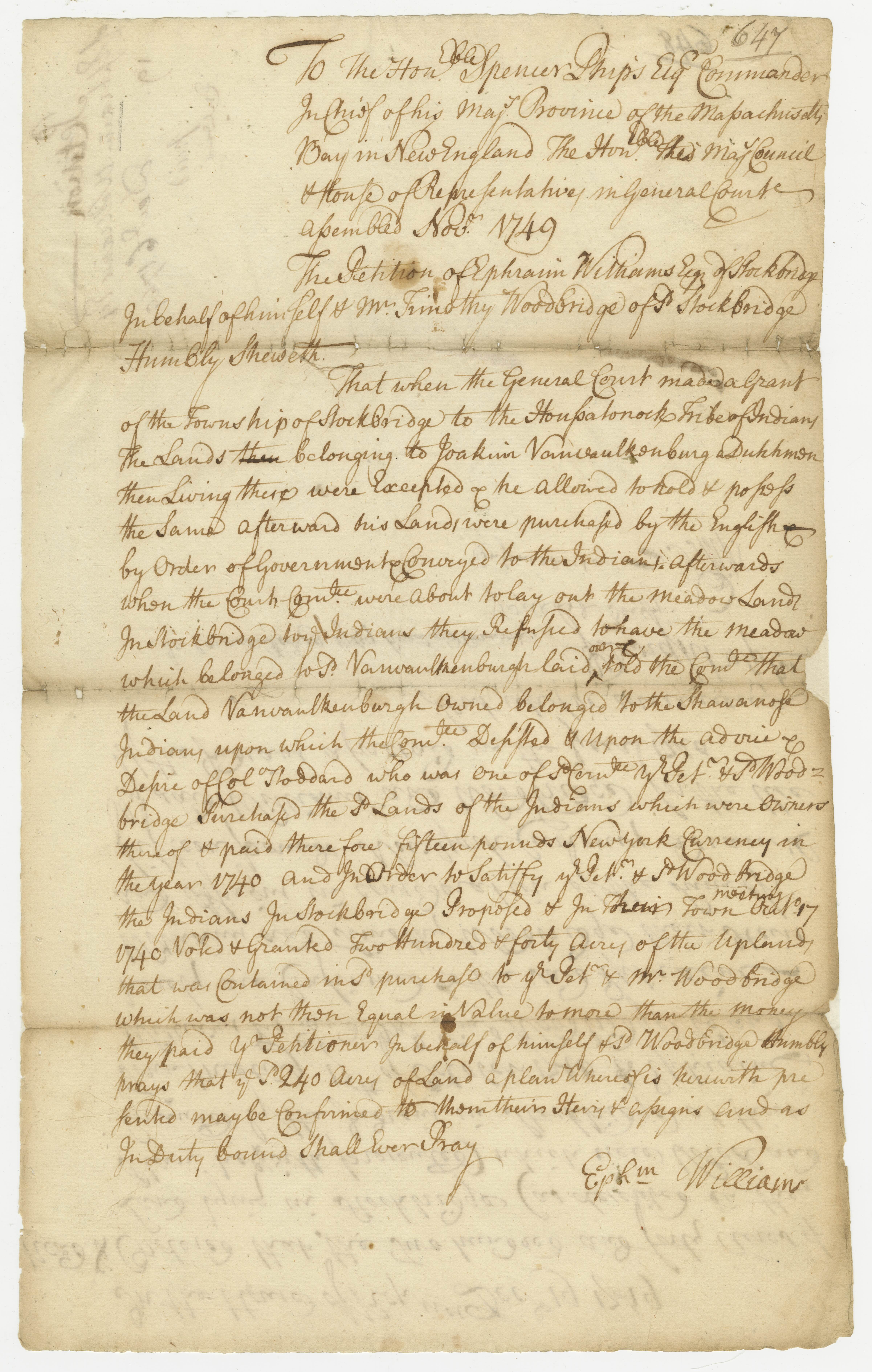 Petition to the general court by Ephraim Williams and Timothy Woodbridge asking that 240 acres of land granted to them by the Stockbridge Indians be confirmed to them by the court