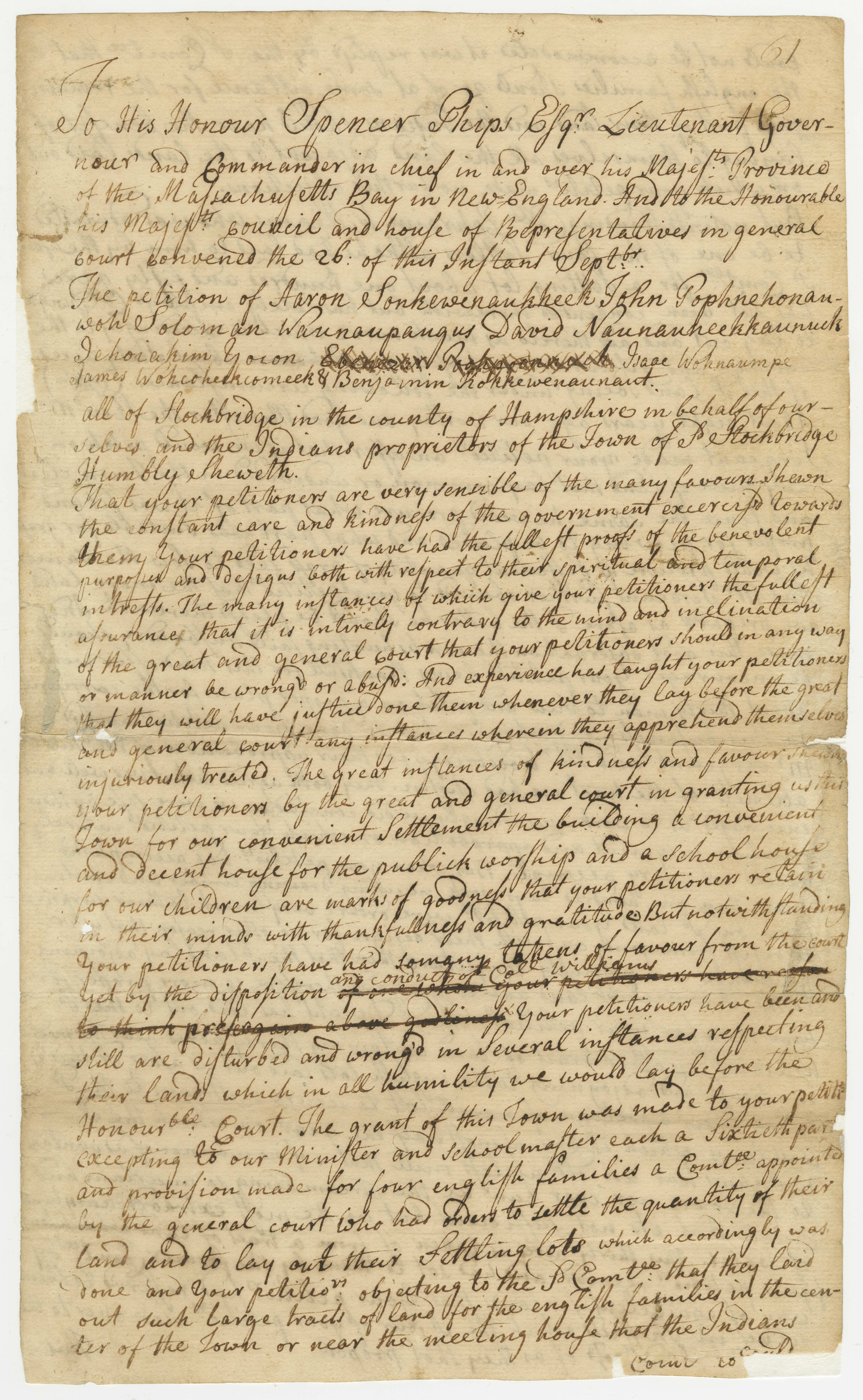 Petition to the general court from the Indian proprietors of Stockbridge, regarding the misappropriation of Indian lands by Col. Ephraim Williams