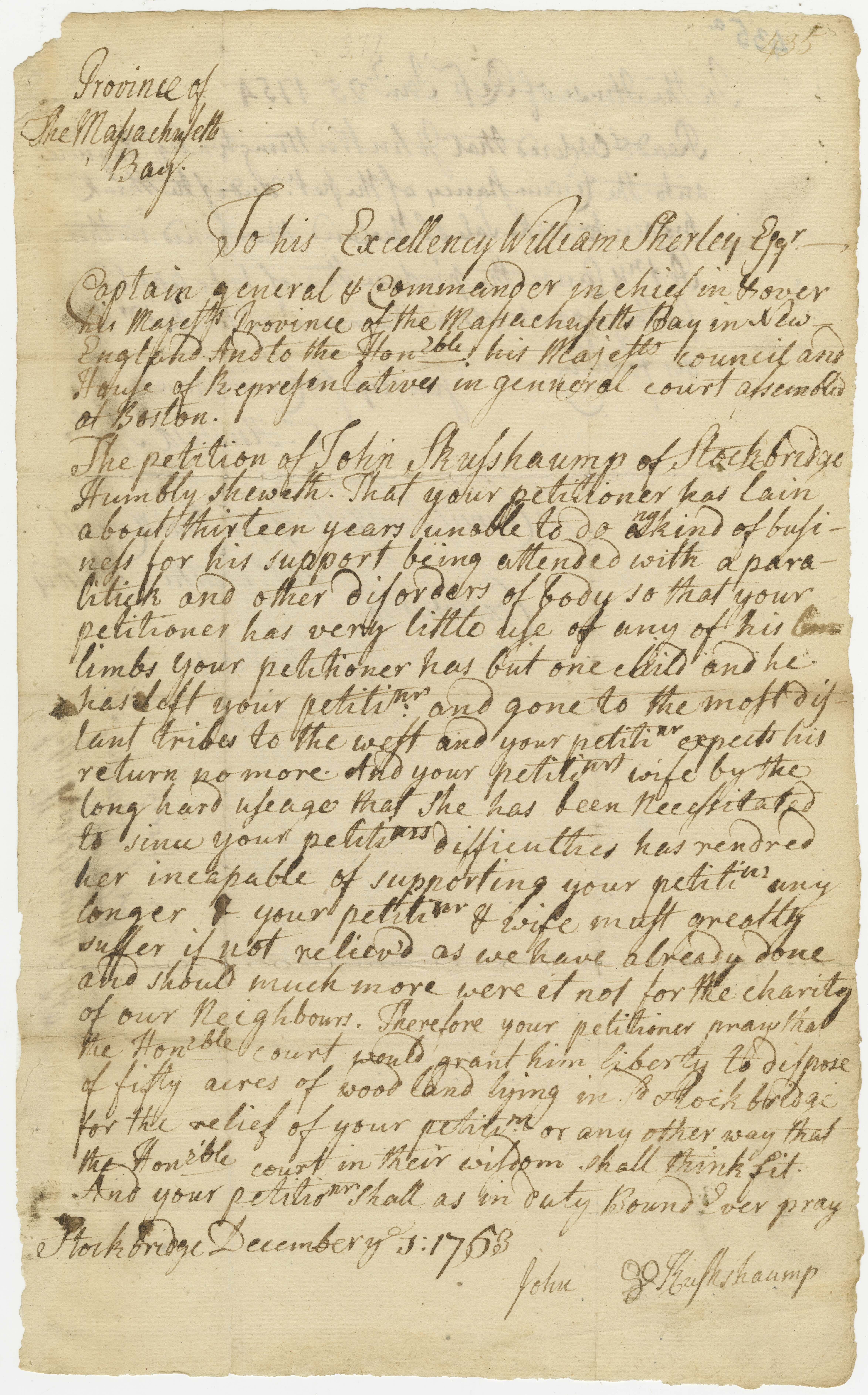 Petition to the general court from John Kuskshaump, a Stockbridge Indian, asking permission to sell certain land