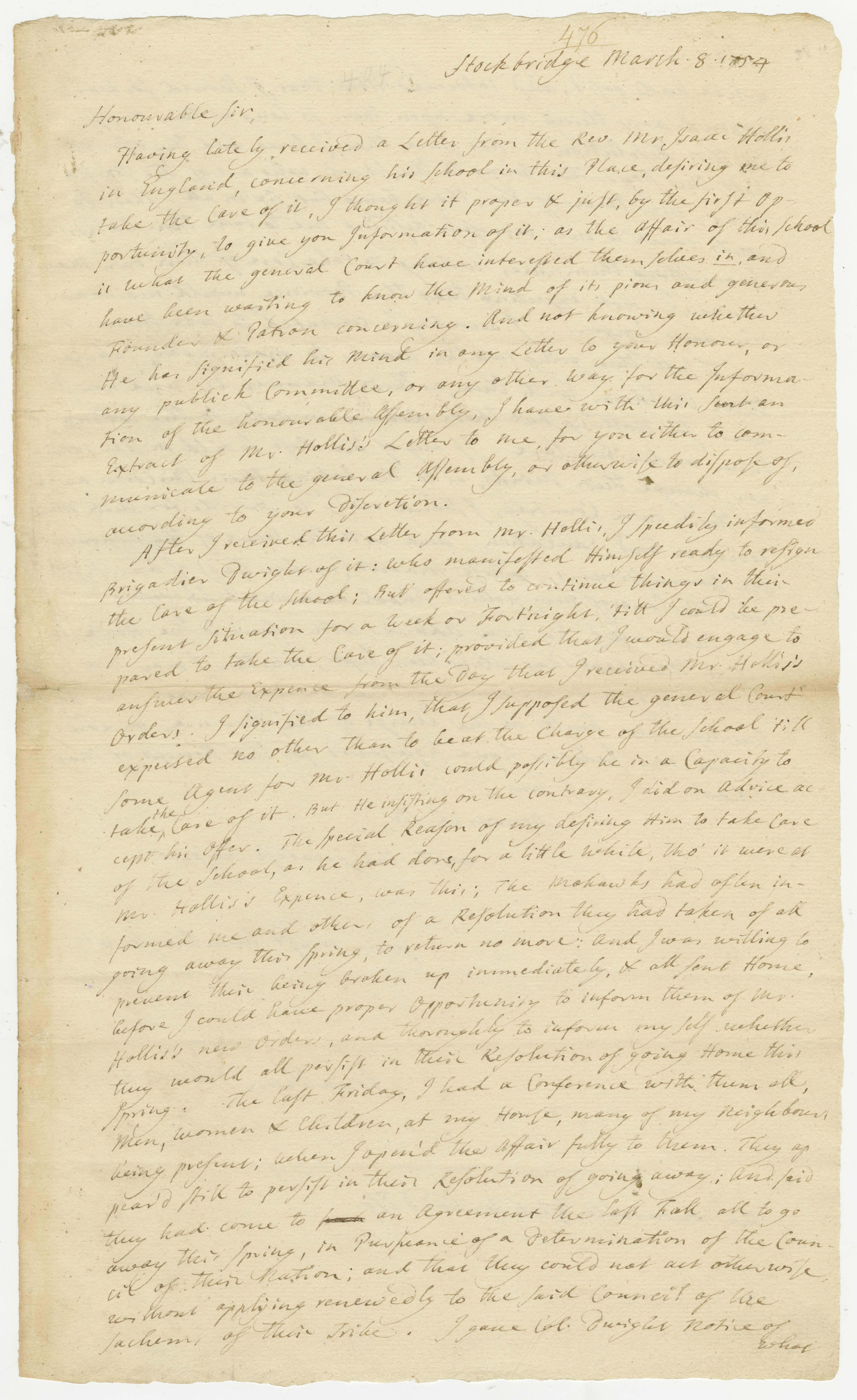 Letter to Josiah Willard from the Rev. Jonathan Edwards regarding the Mohawk Indian School at Stockbridge and the reluctance of the Indians to remain in the area