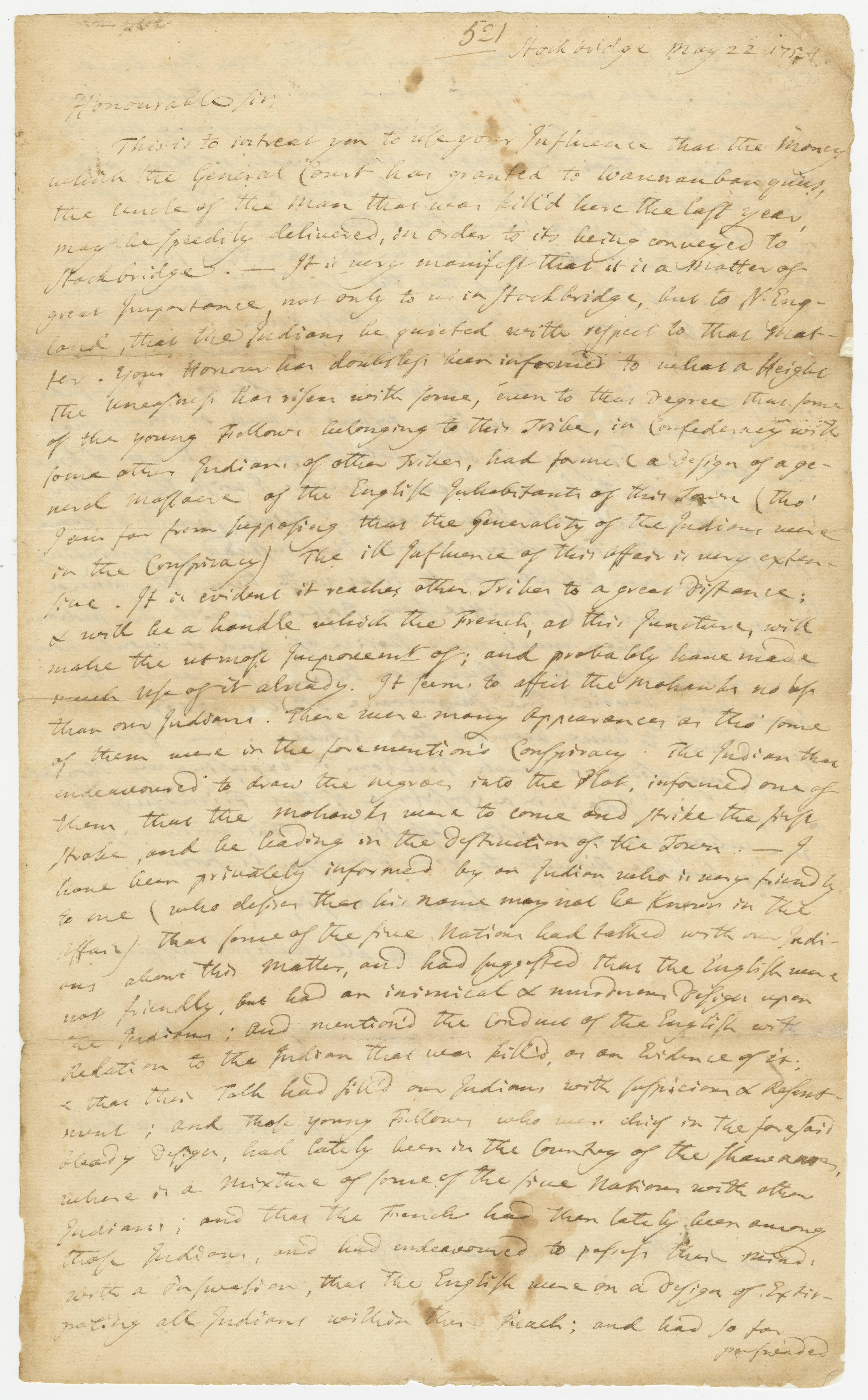 Letter to Josiah Willard from the Rev. Jonathan Edwards concerning delayed payment to the relatives of the Indian killed at Stockbridge, and rumors of Indian uneasiness and conspiracy