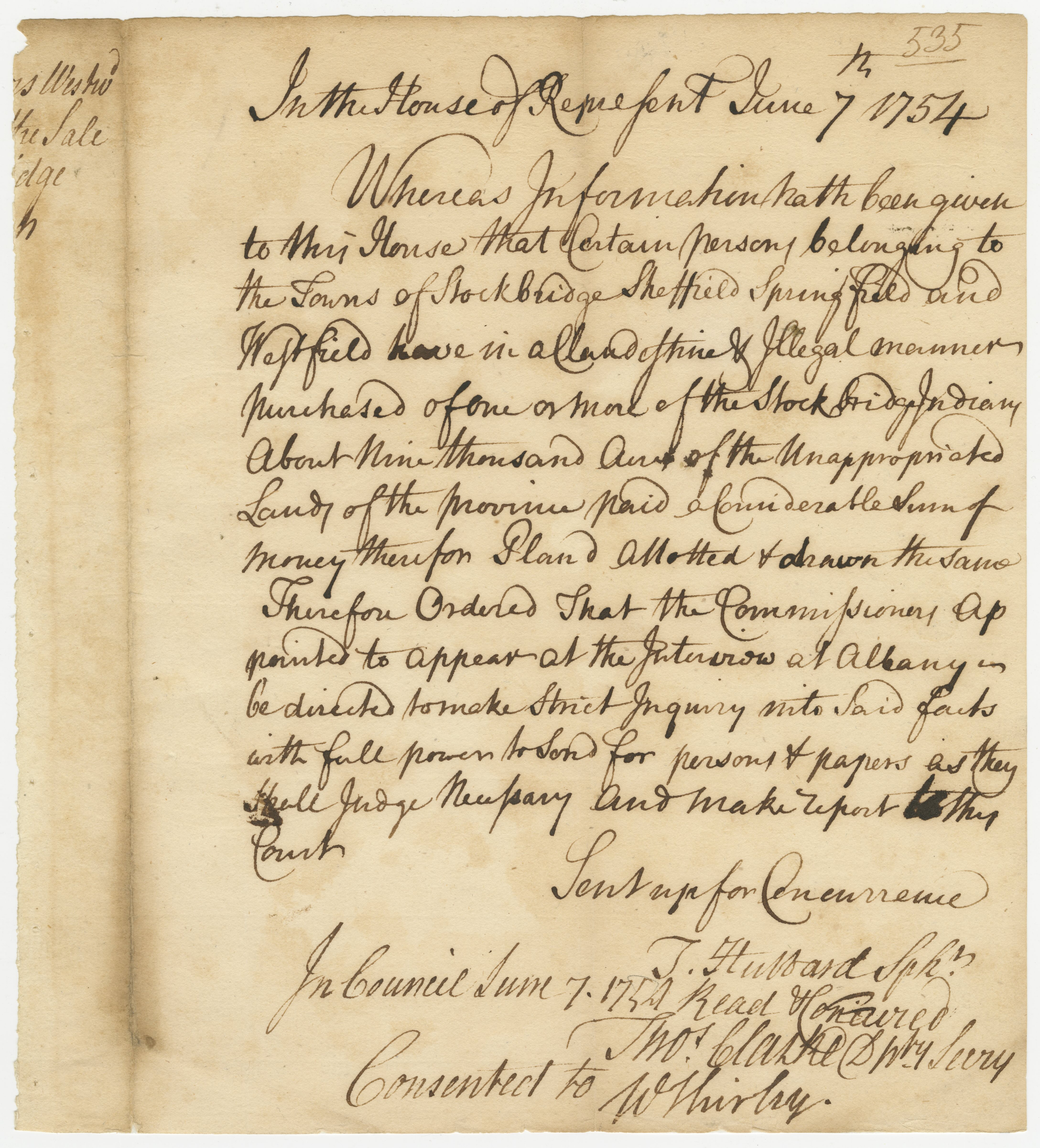 General court order that the commissioners at the Albany conference inquire into the illegal purchase of unappropriated province land from the Stockbridge Indians